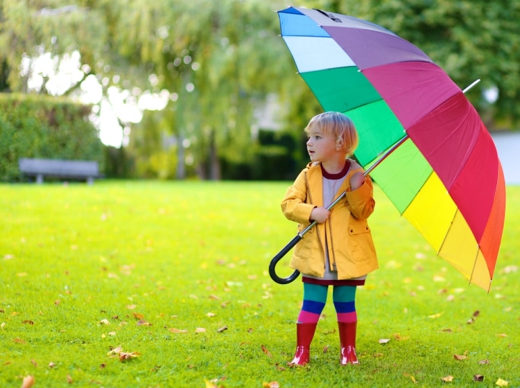 Выбираем осеннюю обувь - маленькая девочка в резиновых сапогах под зонтом
