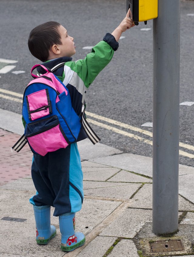 Безопасность дорожного движения для ребенка - мальчик нажимает на кнопку светофора
