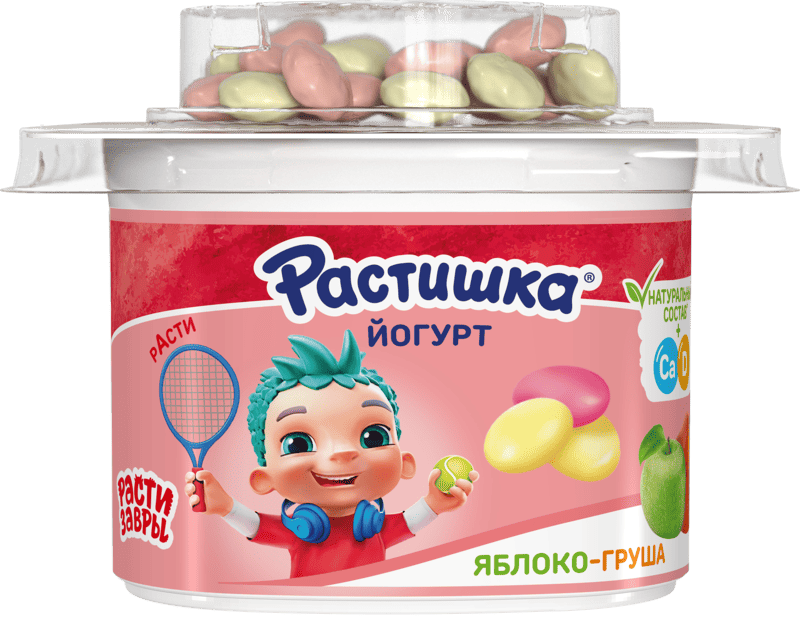 Вид спереди на йогурт Растишка с печеньем